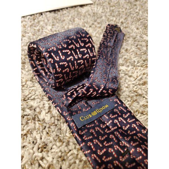 Club Room navy blue Christmas Candy Cane Printed Men's Necktie - Picture 8 of 8